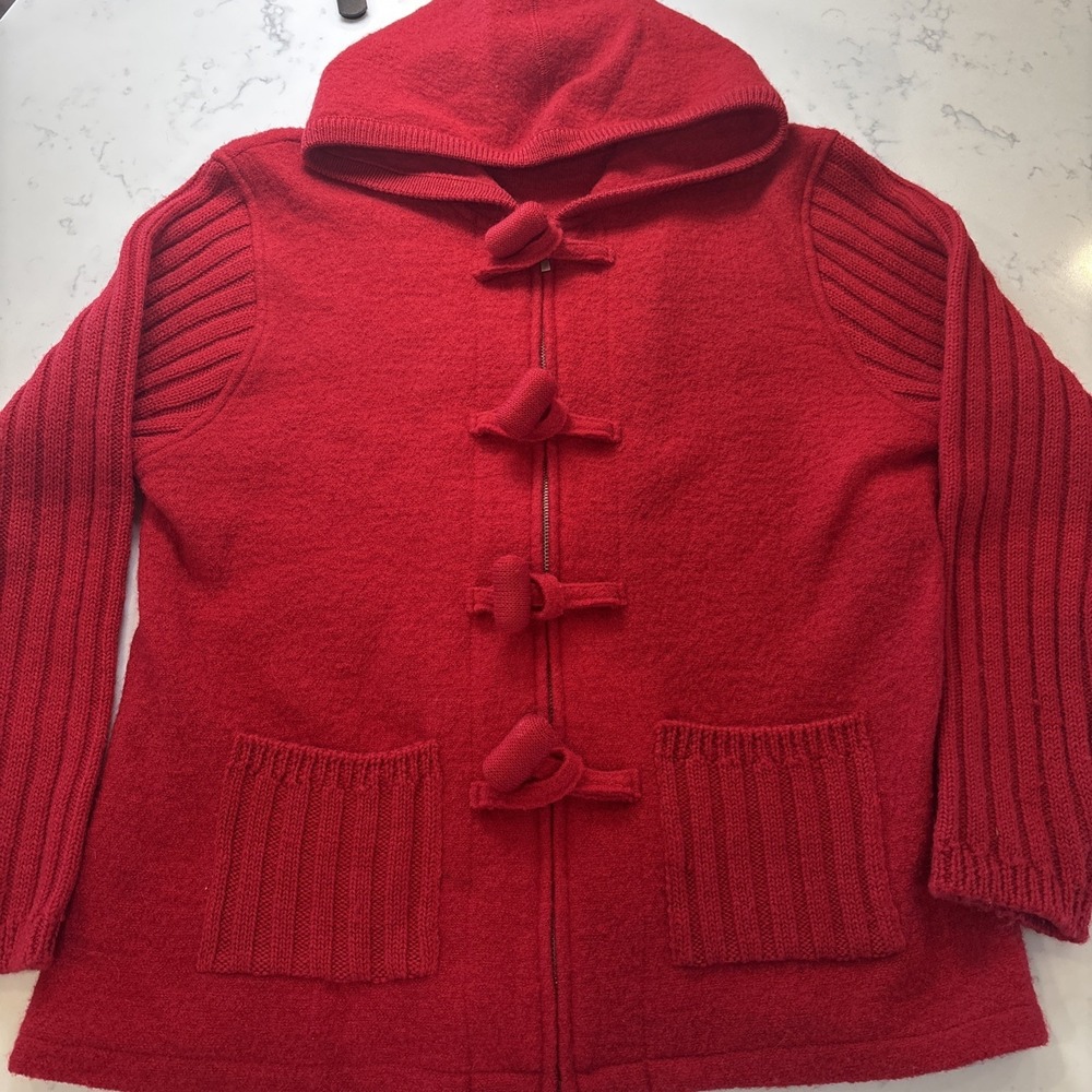 VTG 100% Boiled Wool Toggle Full Zip Hooded Pockets Cardigan Red Winter Women LG